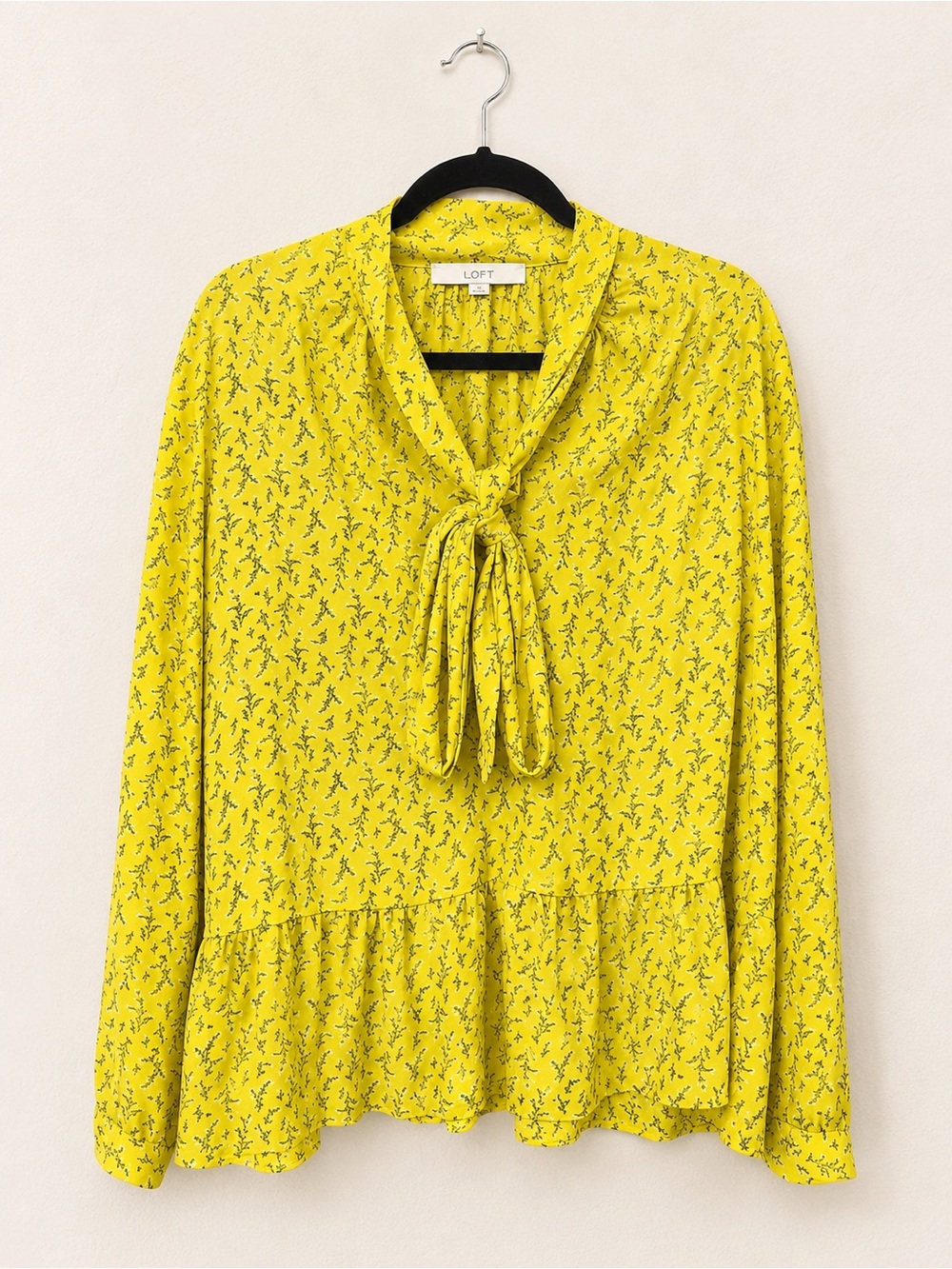 LOFT Bright Yellow Floral Tie-Neck Peplum Blouse